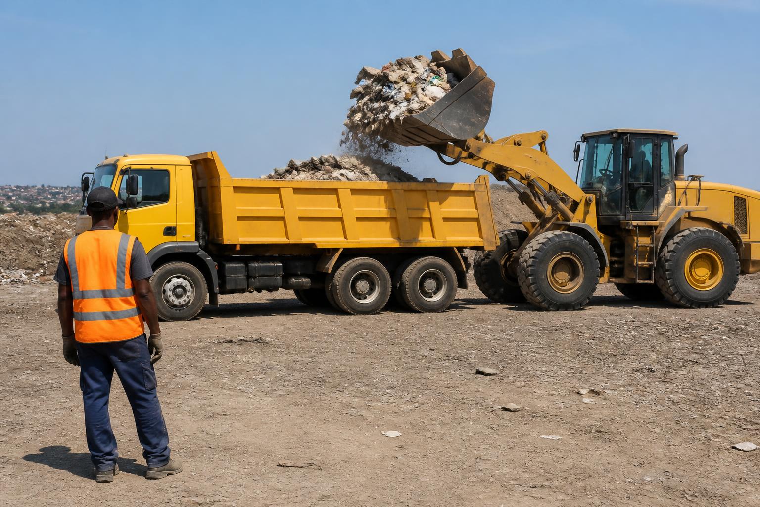 Front-end loader loading rubble and general waste into a yellow tipper truck at a cleared site